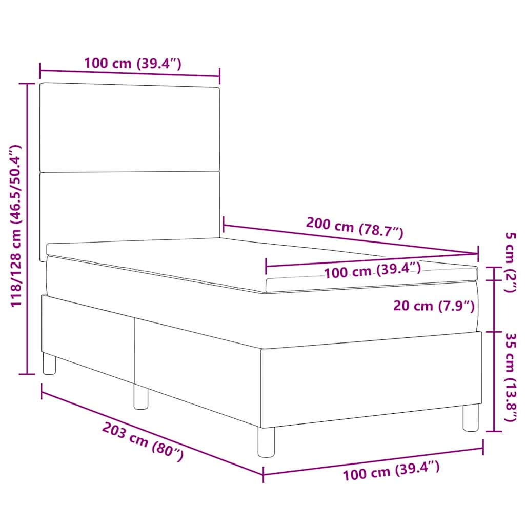 LED Box Spring Krevet Tamno siva i bijela 100 x 200 cm