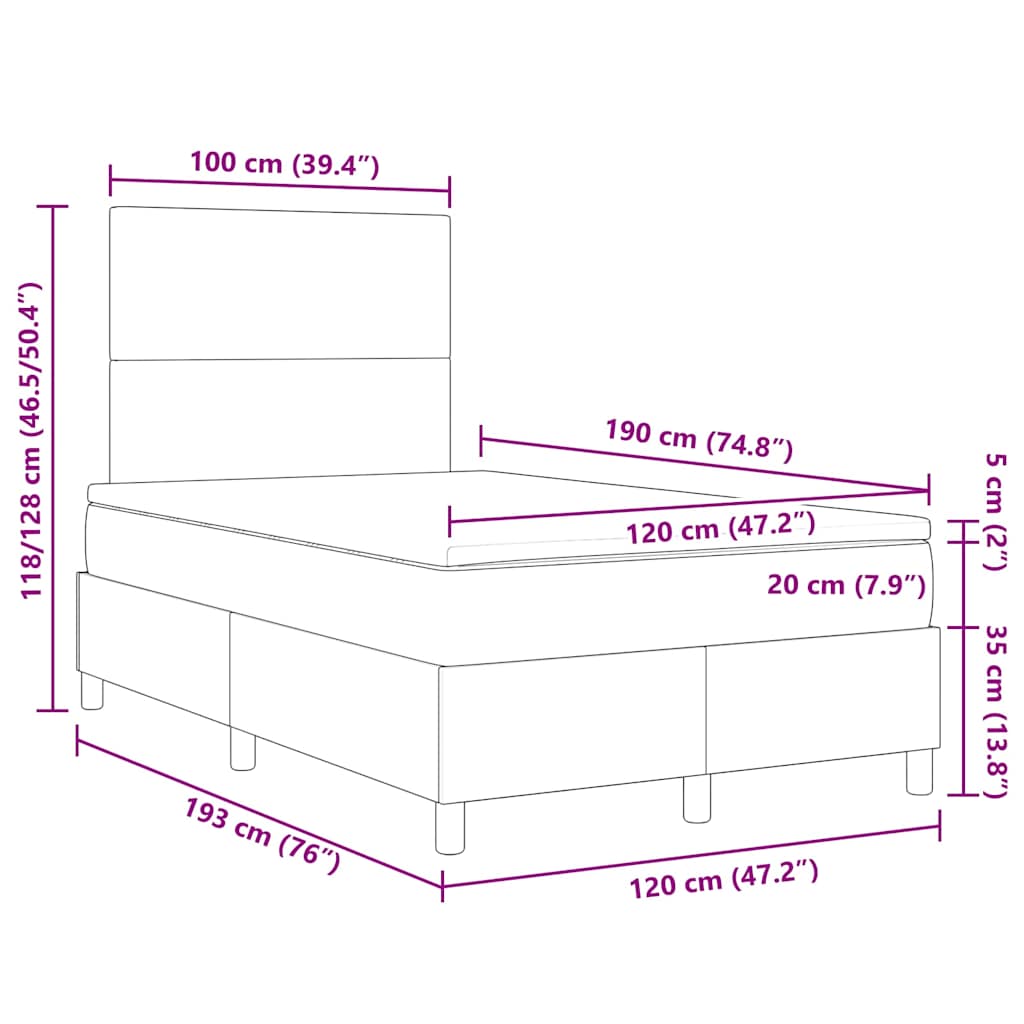LED Box Spring Krevet Tamno siva i bijela 120 x 190 cm