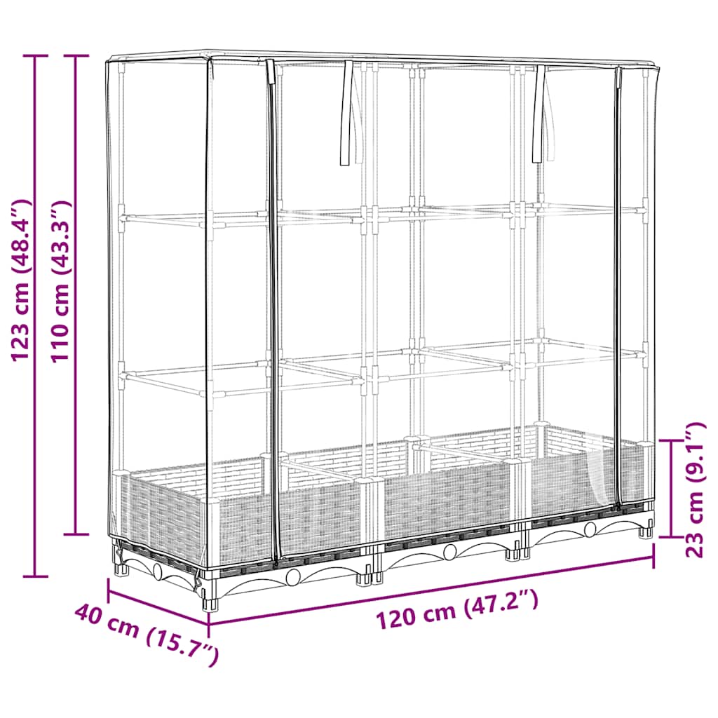 Povišena gredica s pokrovom za staklenik izgled ratana 120x40x123 cm