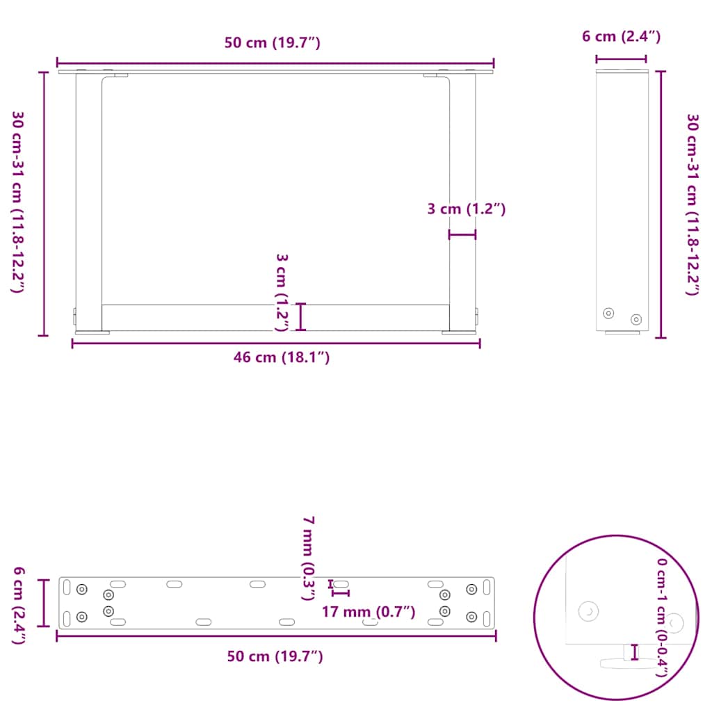 Noge za klub stolić U-oblik 2 kom Crne 50 x (30-31) cm Čelik