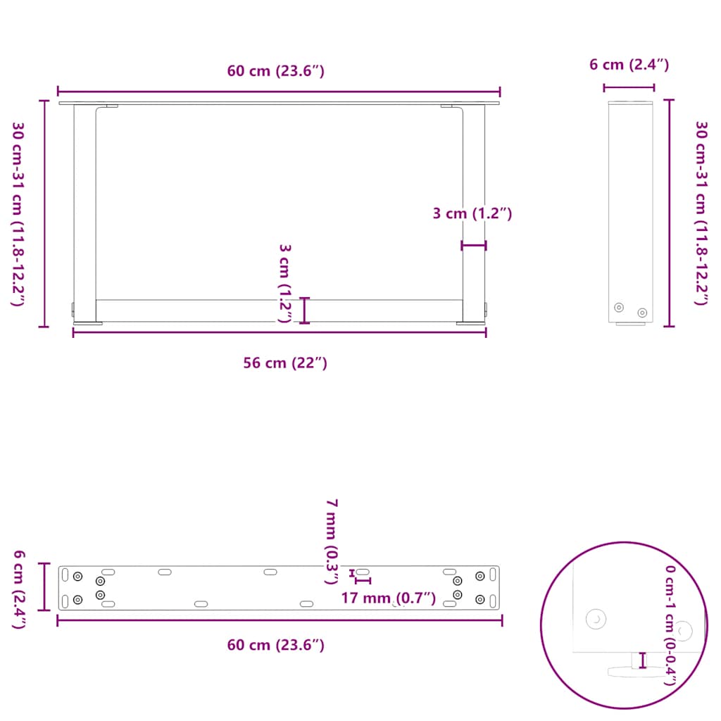 Noge za klub stolić U-oblik 2 kom Crne 60 x (30-31) cm Čelik
