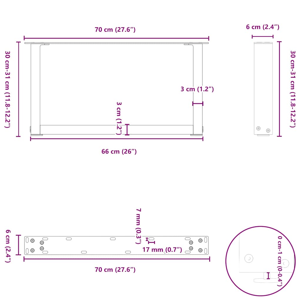 Noge za klub stolić U-oblik 2 kom Bijele 70 x (30-31) cm Čelik