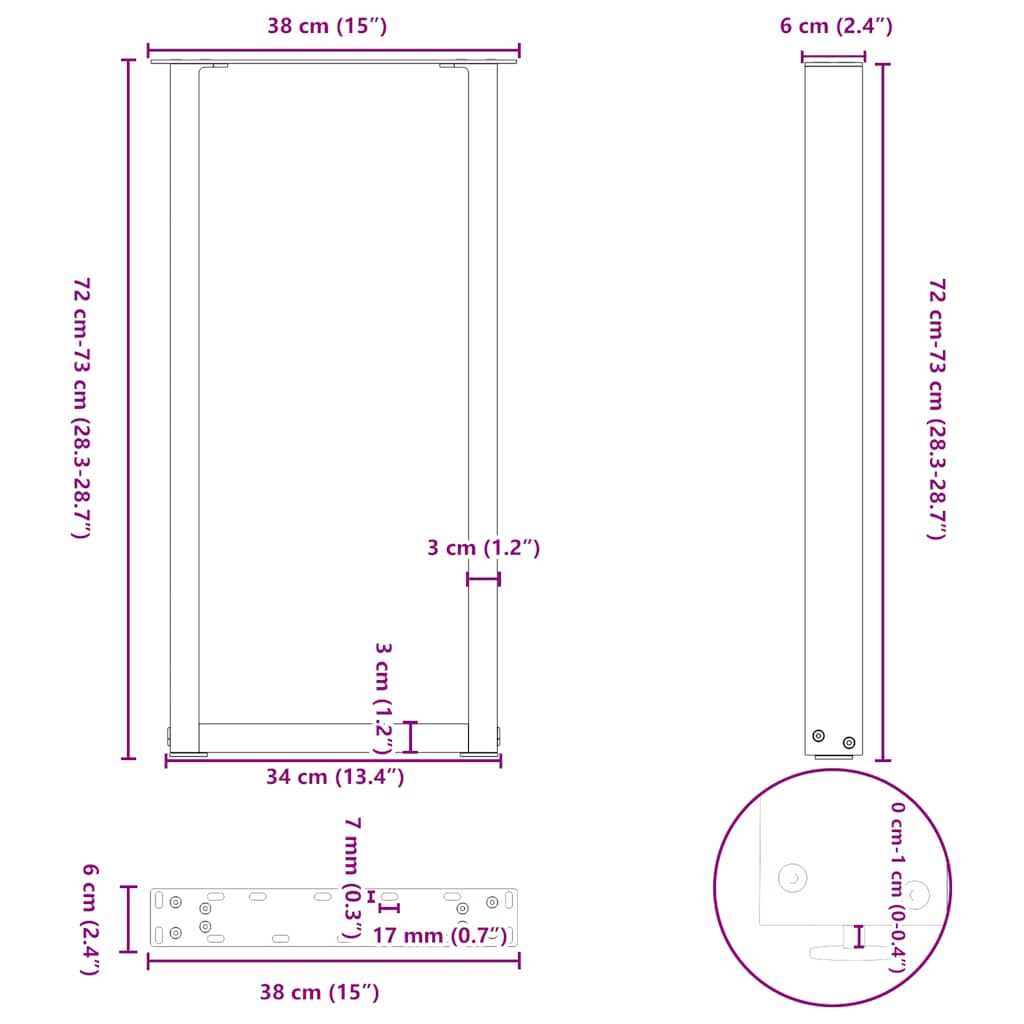 Noge za konzolni stol u obliku slova U, 2 kom, antracit, 38 x (72-73) cm, čelik