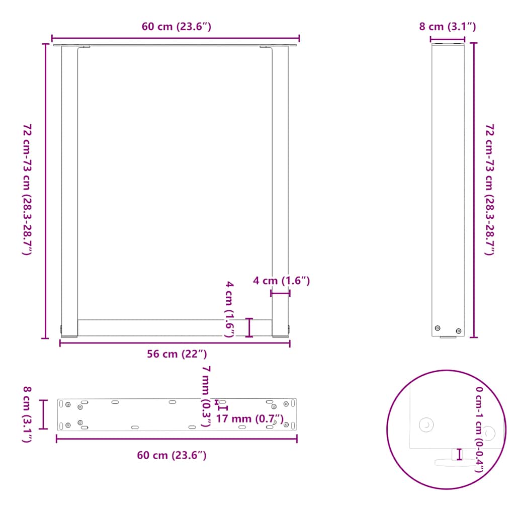 Noge za blagovaonski stol U-oblik 2 kom Bijele 60 x (72-73) cm Čelik