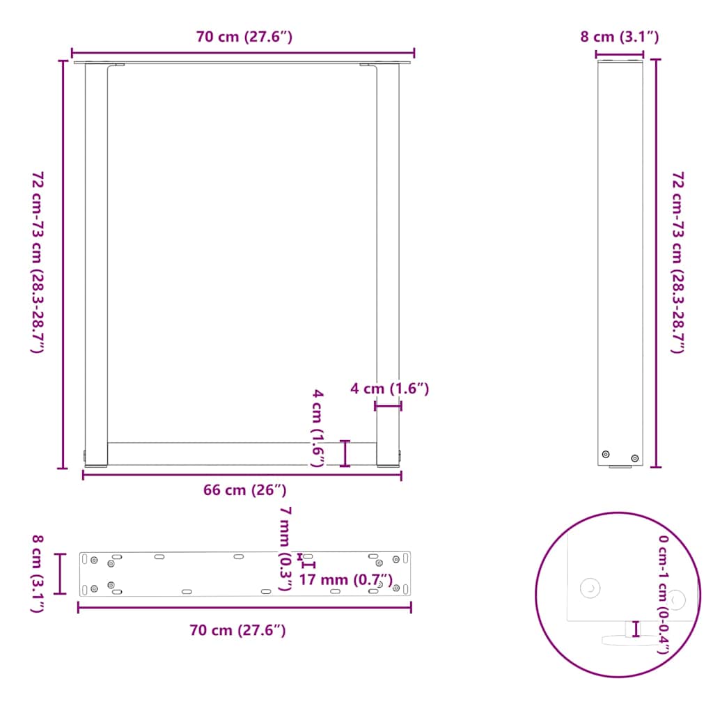 Noge za blagovaonski stol U-oblik 2 kom Prirodni čelik 70 x (72-73) cm Čelik
