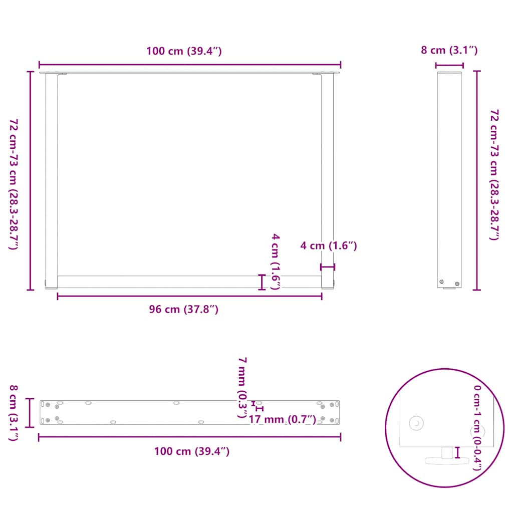 Noge za blagovaonski stol U-oblik 2 kom Crne 100 x (72-73) cm Čelik