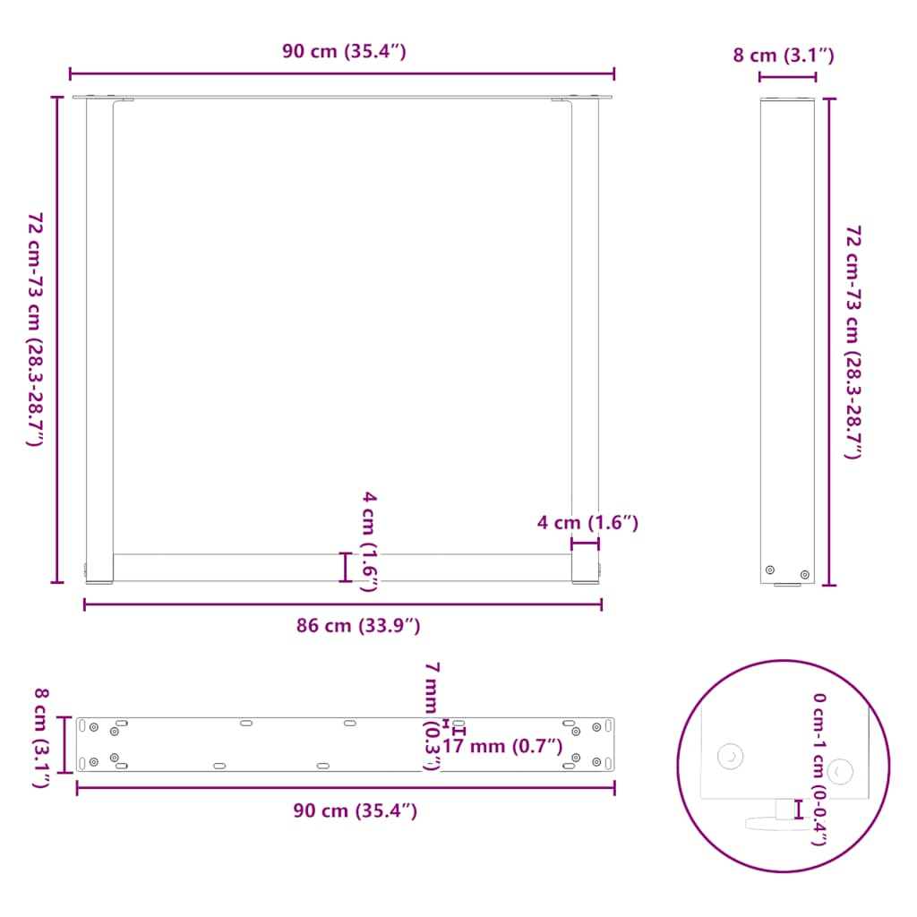 Noge za blagovaonski stol U-oblik 3 kom Bijele 90 x (72-73) cm Čelik