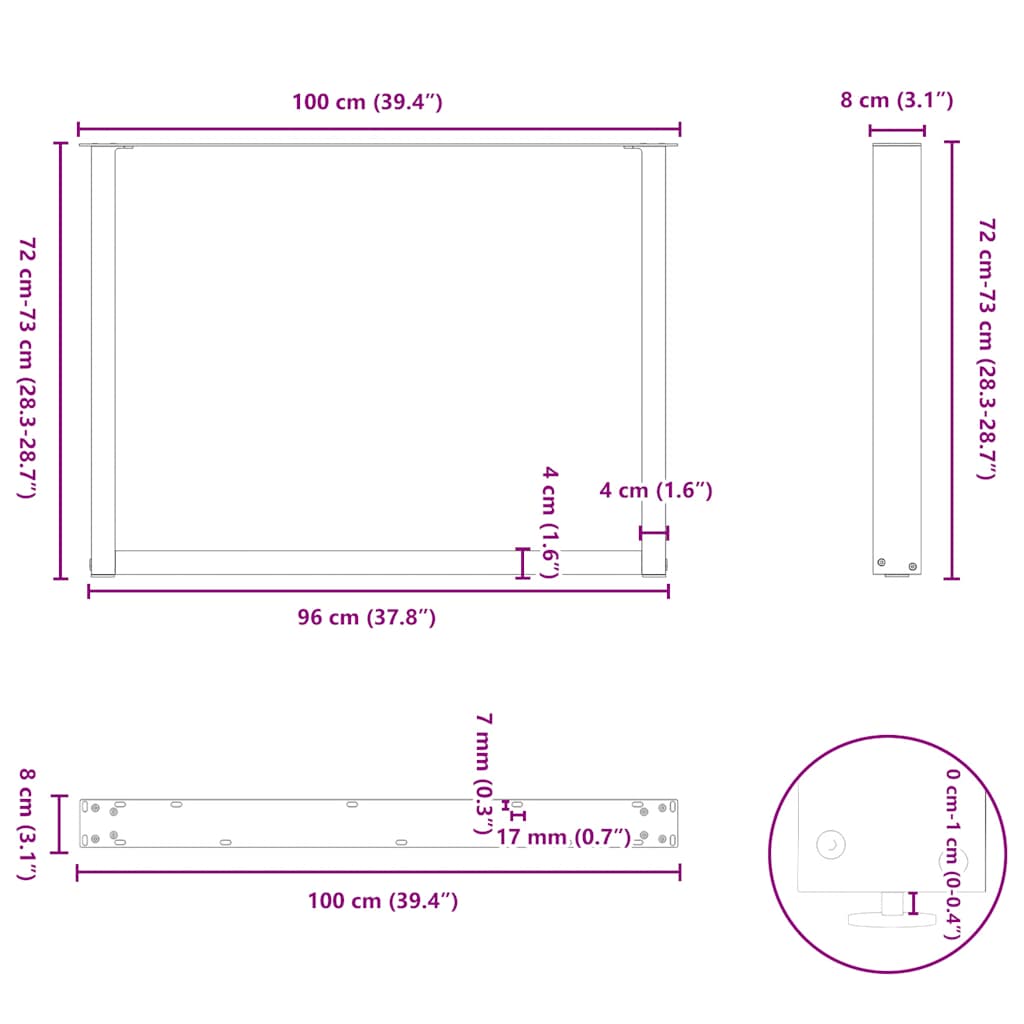 Noge za blagovaonski stol U-oblik 3 kom Bijele 100 x (72-73) cm Čelik