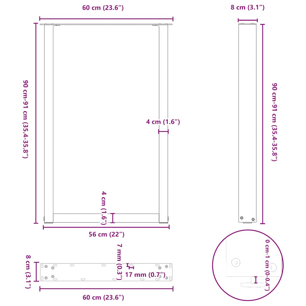 Noge za barski stol U-oblika 2 kom Crne 60 x (90-91) cm Čelik