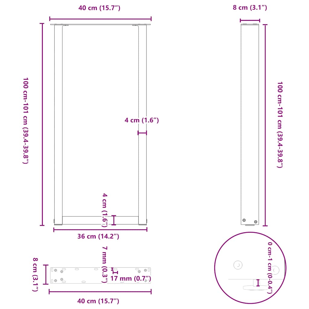 Noge za barski stol U-oblik 2 kom Prirodni čelik 40 x (100-101) cm Čelik
