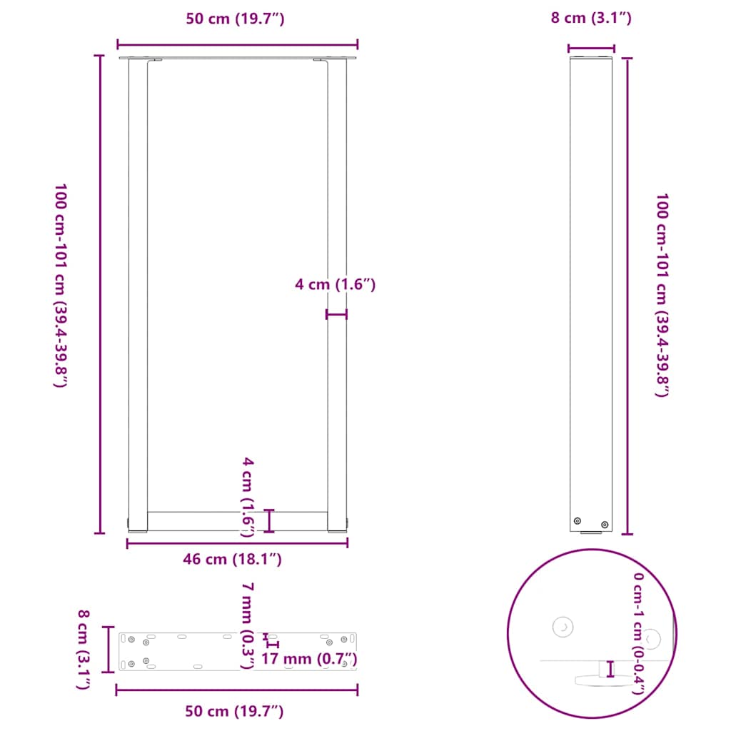 Noge za barski stol U-oblika 2 kom Crne 50 x (100-101) cm Čelik