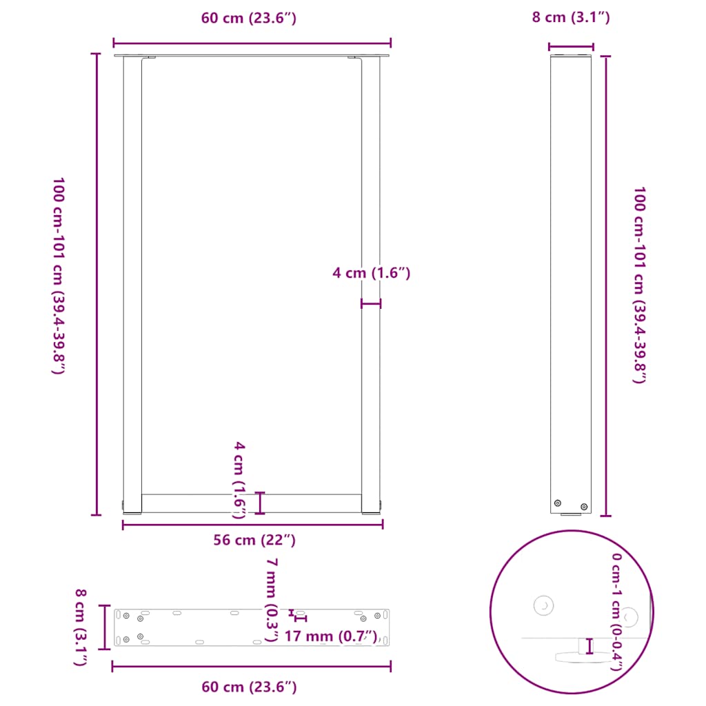 Noge za barski stol U-oblika 2 kom Bijele 60 x (100-101) cm Čelik