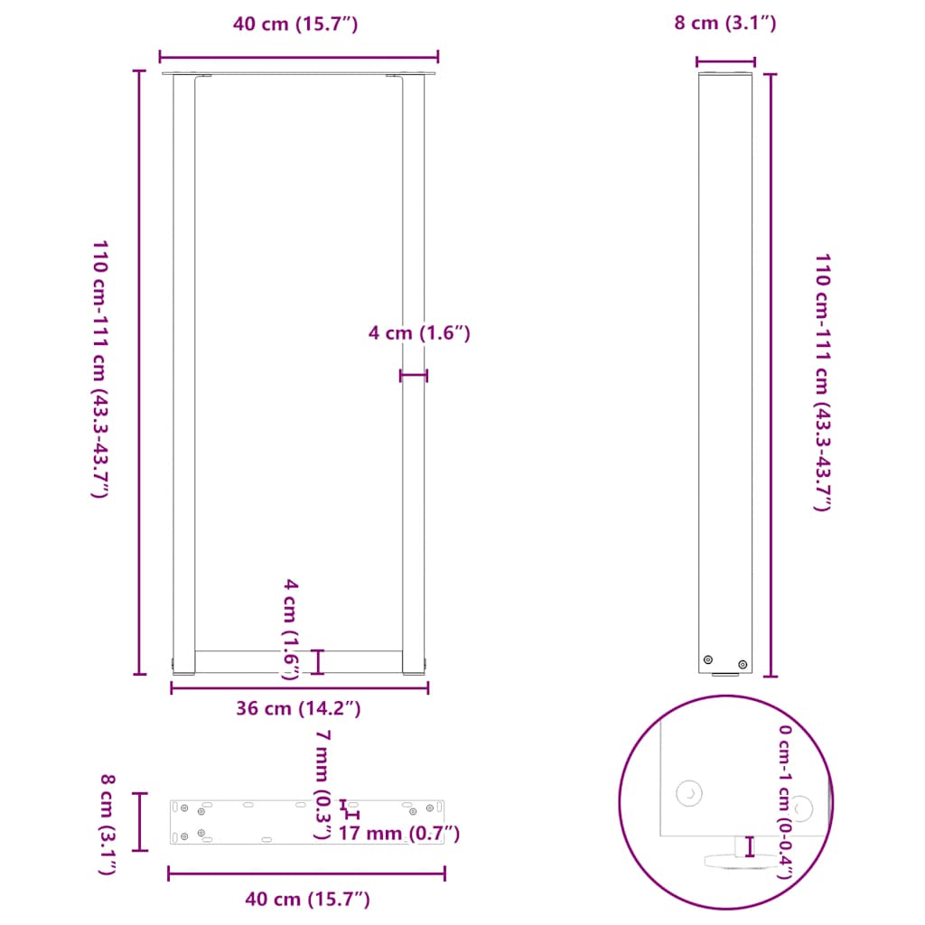 Noge za barski stol U-oblika 2 kom Crne 40 x (110-111) cm Čelik