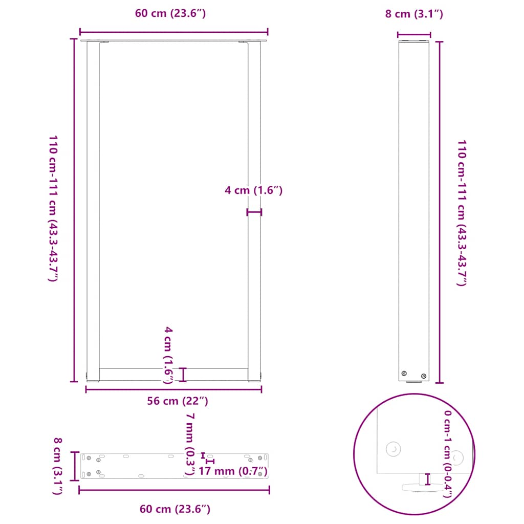 Noge za barski stol U-oblika 2 kom Crne 60 x (110-111) cm Čelik