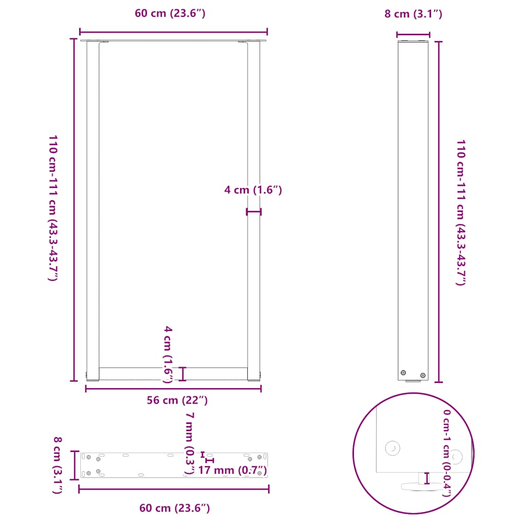 Noge za barski stol U-oblika 2 kom Bijele 60 x (110-111) cm Čelik