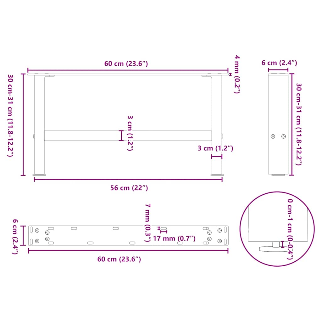 Noge za klub stolić antracit boje 2 kom 60 x (30-31) cm čelik