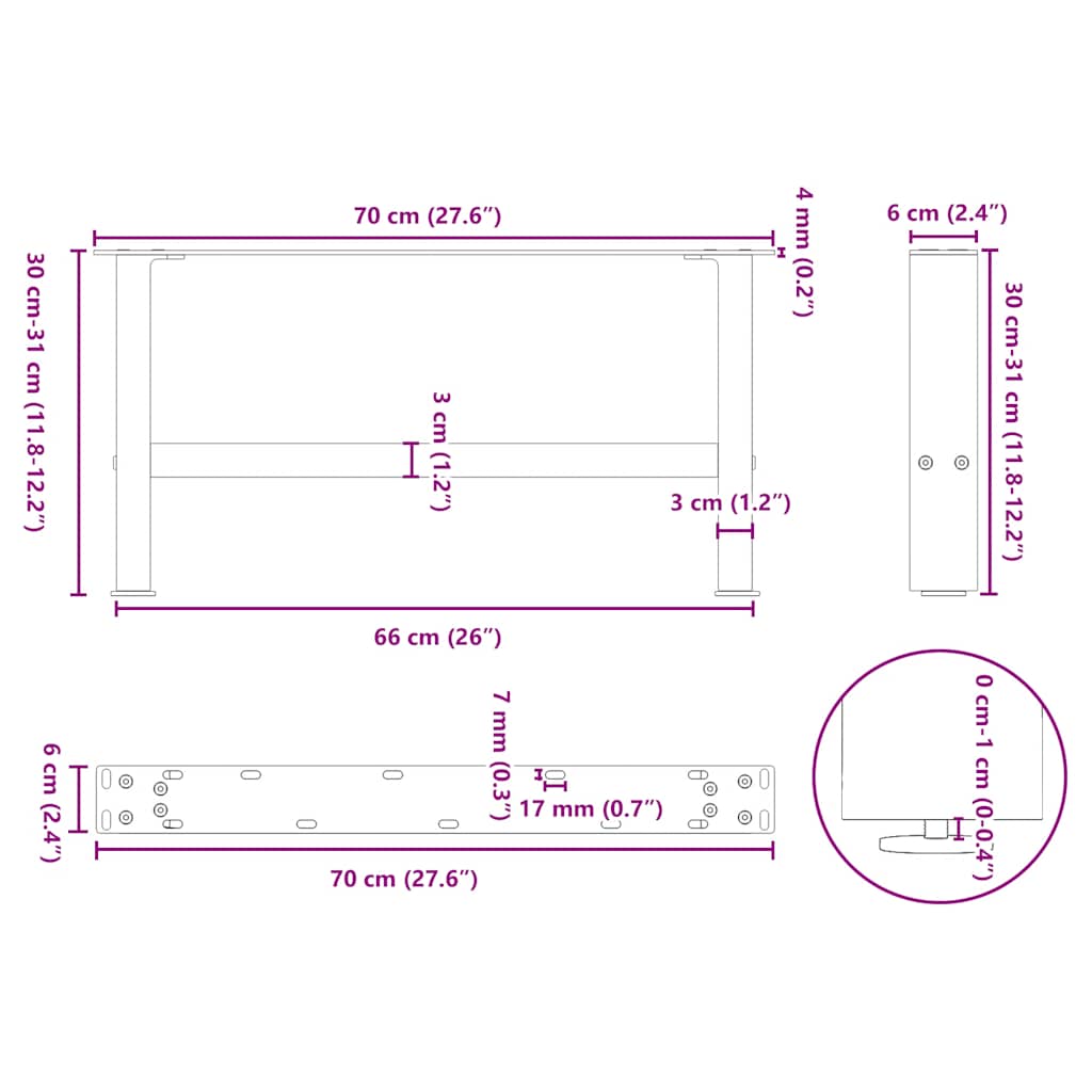 Noge za klub stolić bijele 2 kom 70 x (30-31) cm čelik
