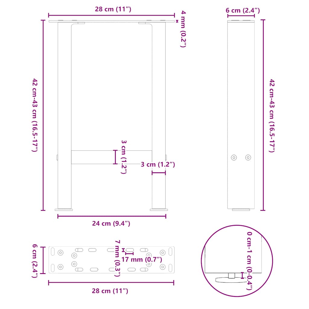 Noge za klub stolić antracit boje 2 kom 28 x (42-43) cm čelik