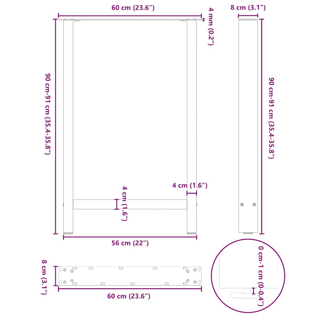 Noge za barski stol Crne 2 kom 60 x (90-91) cm Čelik
