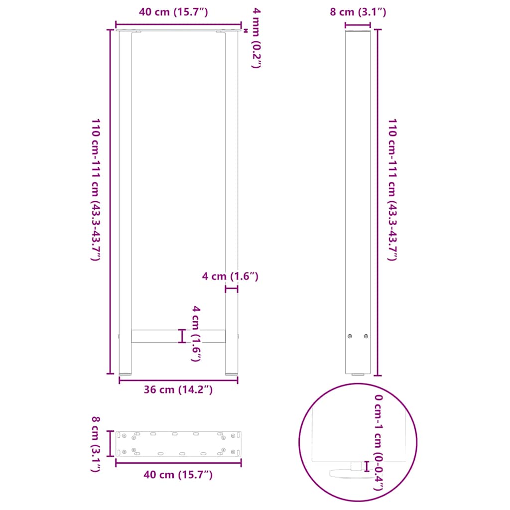 Noge za barski stol Bijele 2 kom 40 x (110-111) cm Čelične