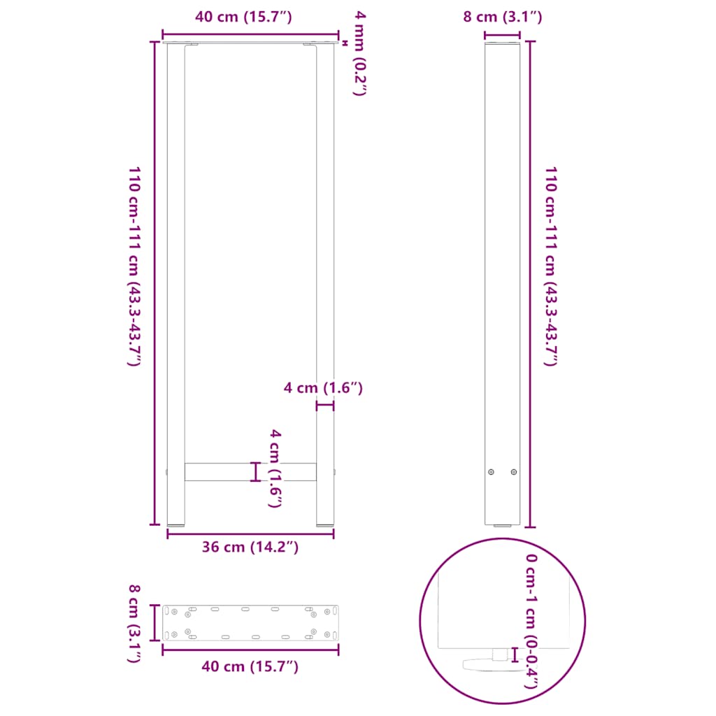 Noge za barski stol Prirodni čelik 2 kom 40 x (110-111) cm Čelik