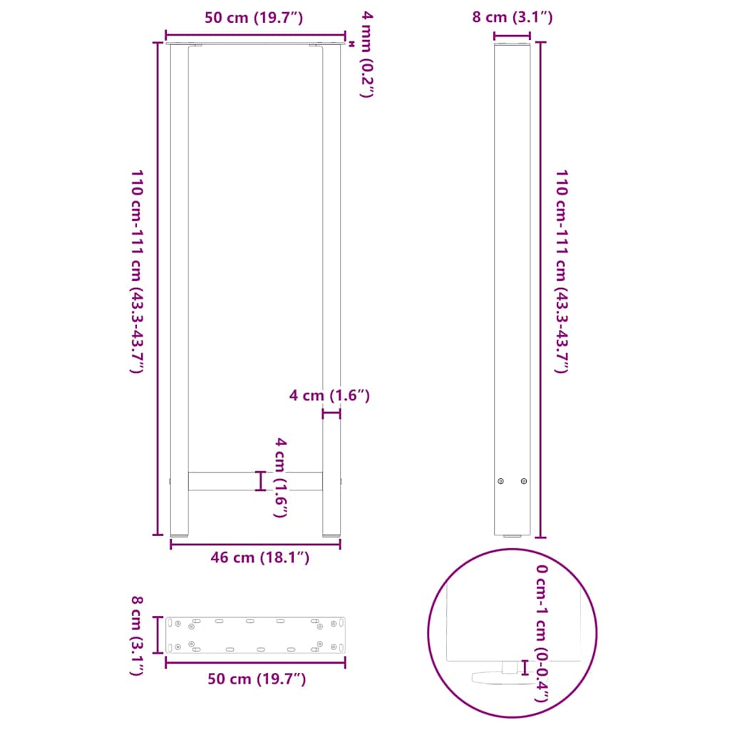 Noge za barski stol Prirodni čelik 2 kom 50 x (110-111) cm Čelik