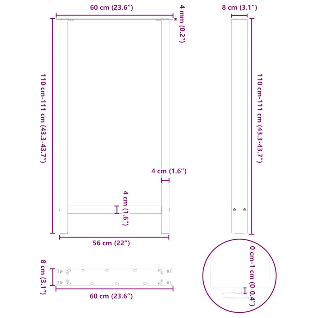 Noge za barski stol Bijele 2 kom 60 x (110-111) cm Čelične