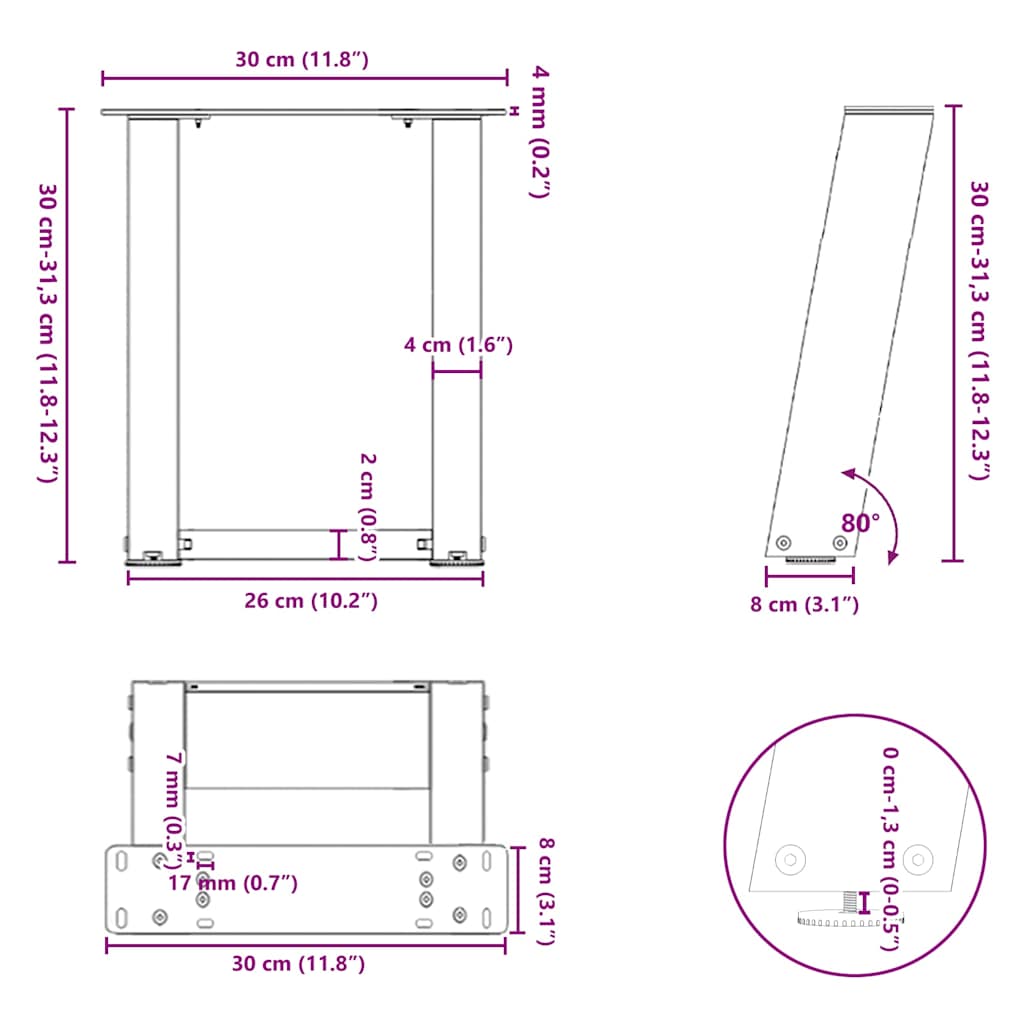 Noge za klub stolić U-oblik 2 kom antracit 30 x (30-31) cm čelik