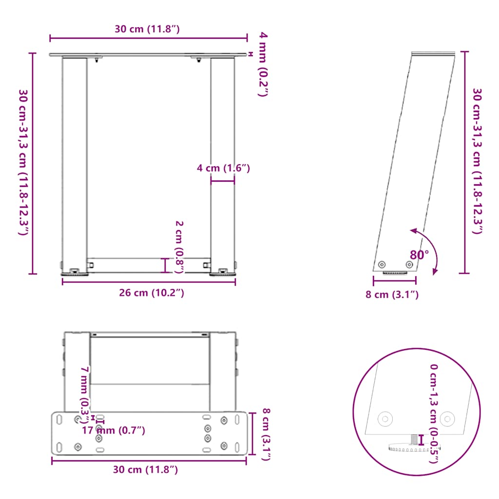 Noge za klub stolić U-oblik 2 kom Prirodni čelik 30 x (30-31) cm Čelik