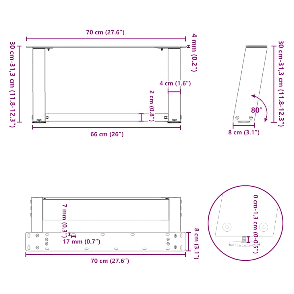Noge za klub stolić U-oblik 2 kom Crne 70 x (30-31) cm Čelik