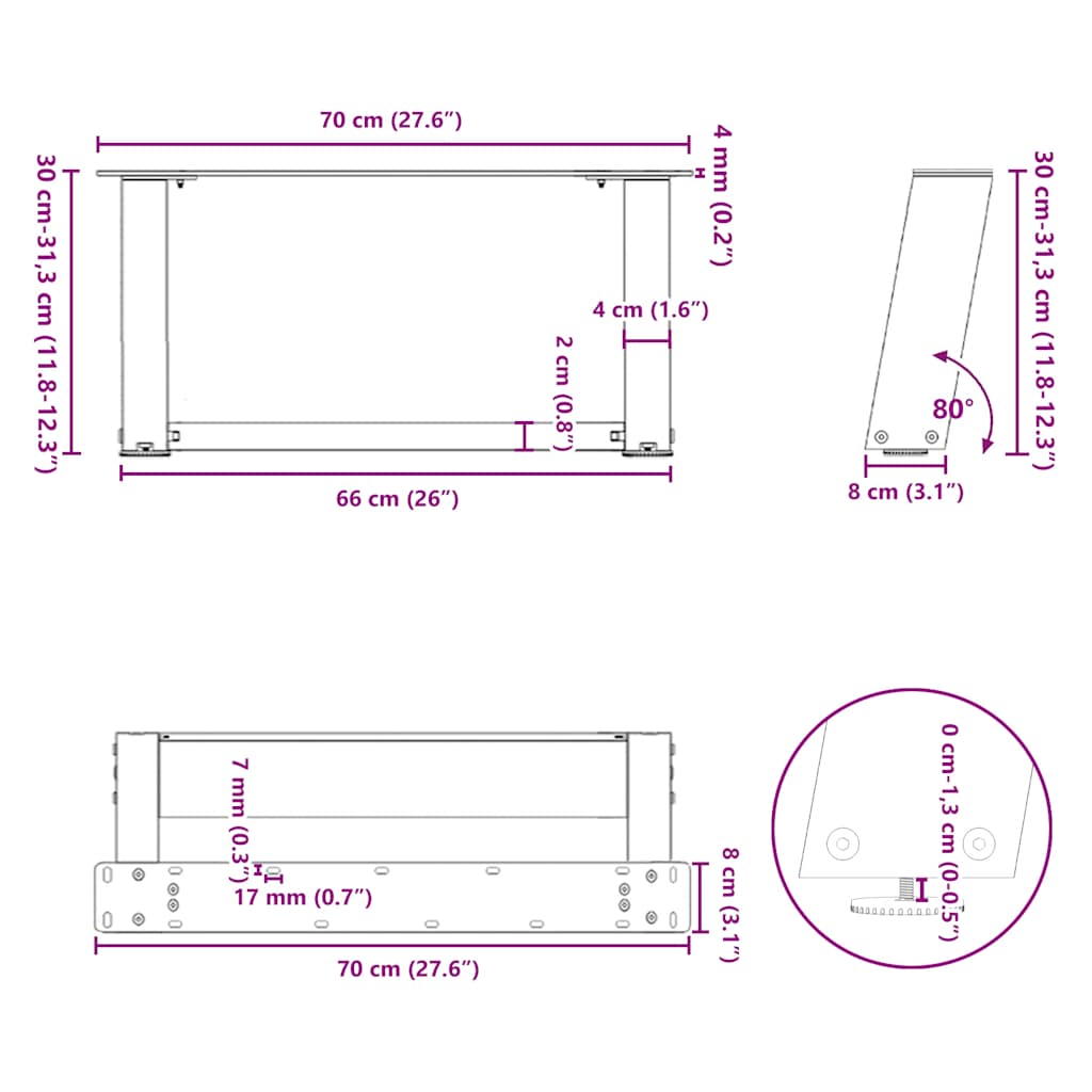 Noge za klub stolić U-oblik 2 kom Prirodni čelik 70 x (30-31) cm Čelik