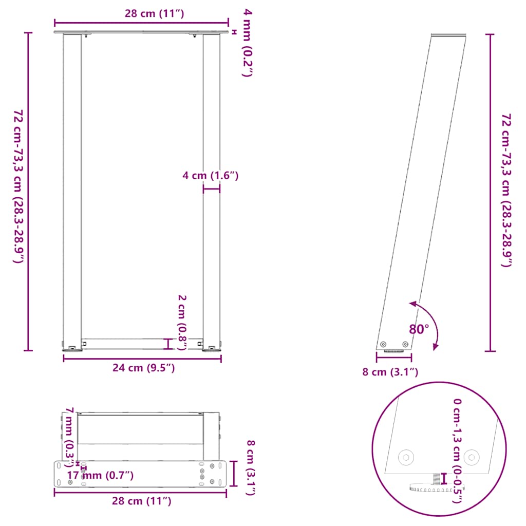 Noge za konzolni stol u obliku slova U, 2 kom, prirodni čelik, 28 x (72-73) cm, čelik