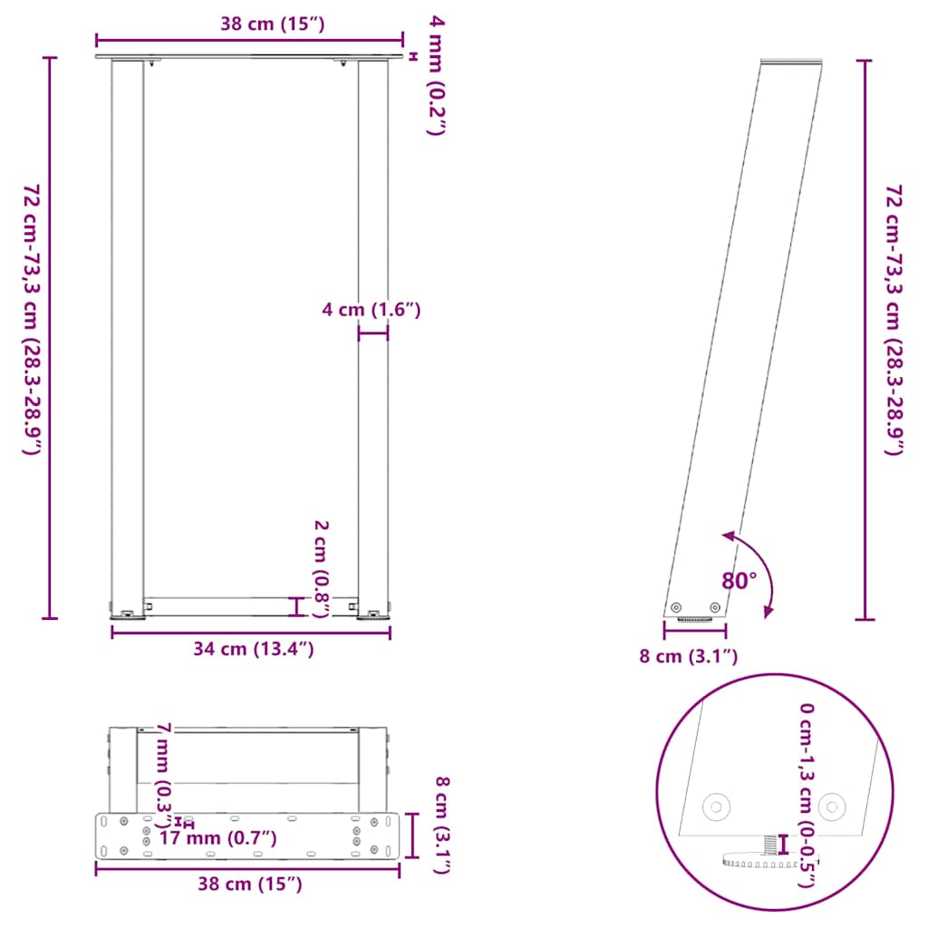 Noge za konzolni stol u obliku slova U, 2 kom, antracit, 38 x (72-73) cm, čelik