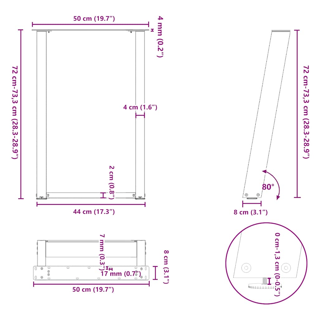 Noge za blagovaonski stol U-oblik 2 kom Crne 50 x (72-73) cm Čelik