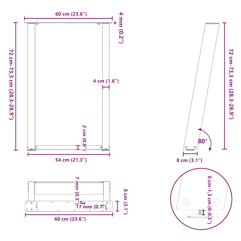 Noge za blagovaonski stol U-oblik 2 kom Prirodni čelik 60 x (72-73) cm Čelik