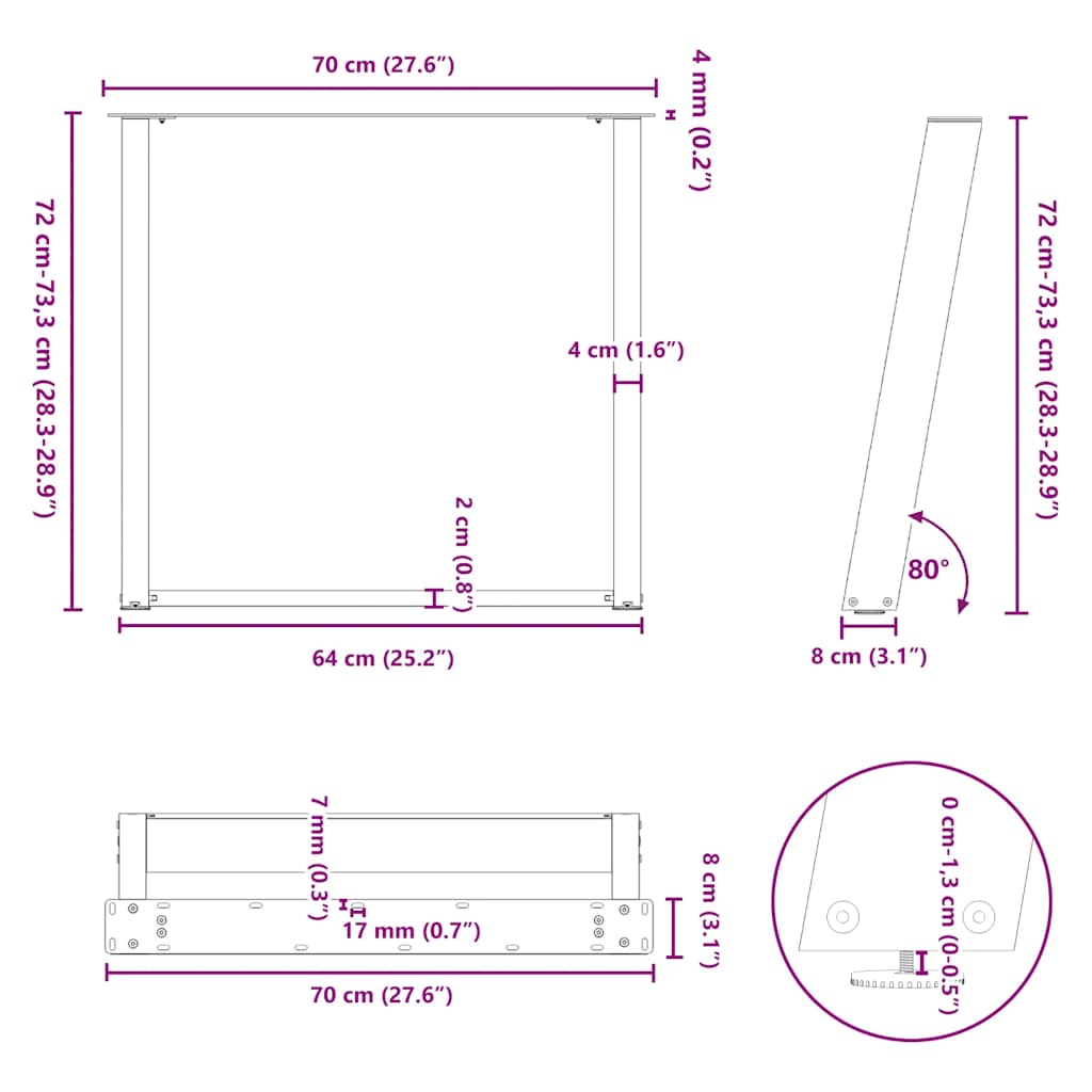 Noge za blagovaonski stol U-oblik 2 kom Crne 70 x (72-73) cm Čelik