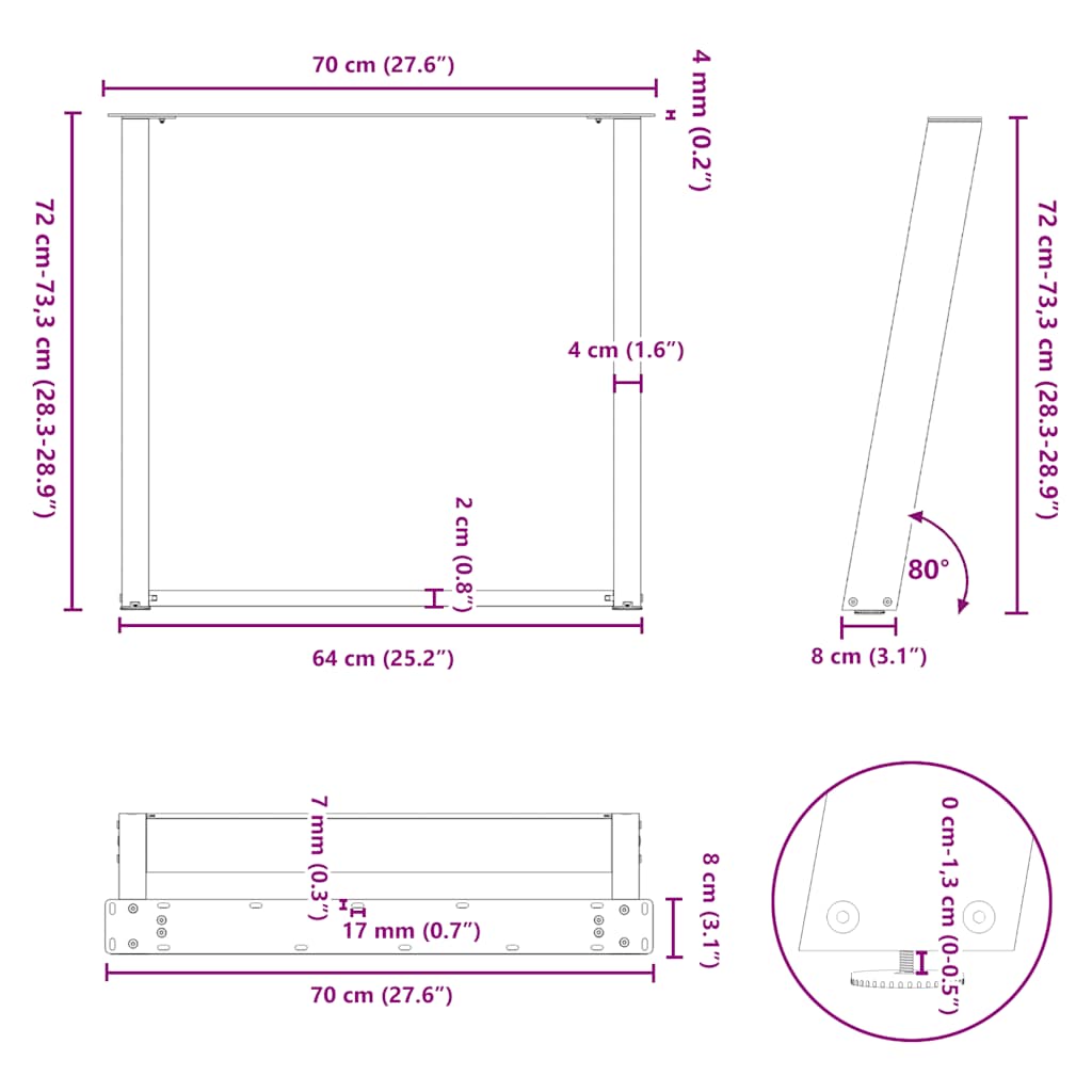Noge za blagovaonski stol U-oblik 2 kom Bijele 70 x (72-73) cm Čelik