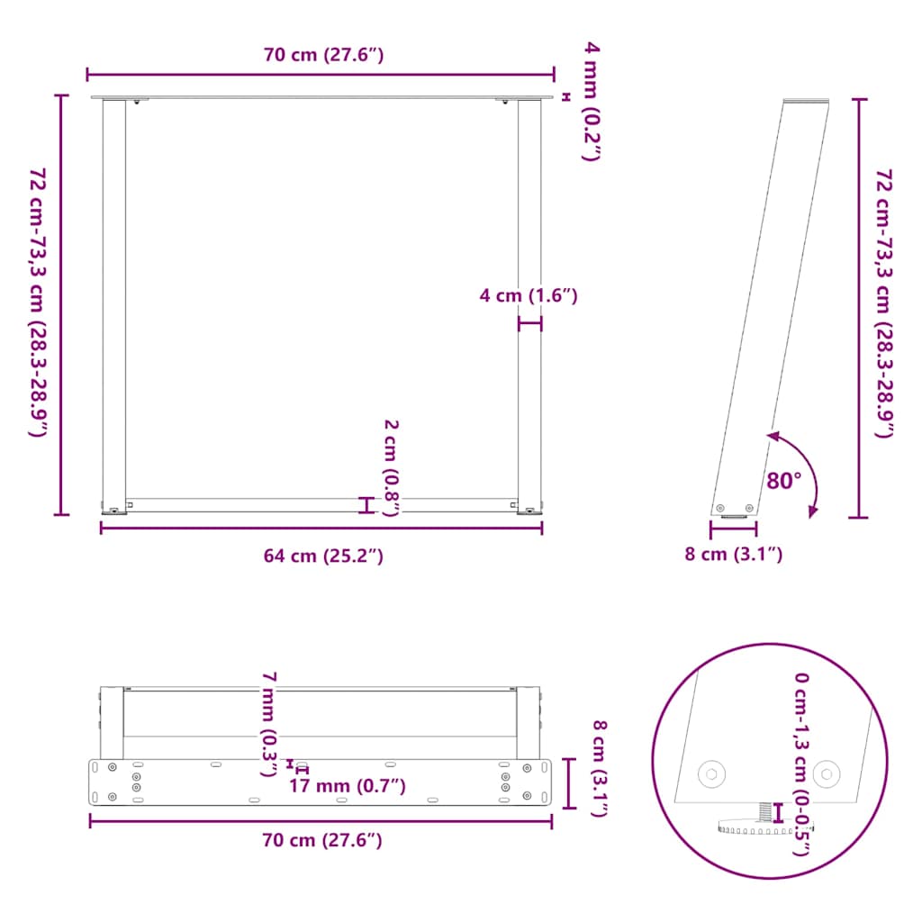 Noge za blagovaonski stol U-oblik 2 kom Prirodni čelik 70 x (72-73) cm Čelik