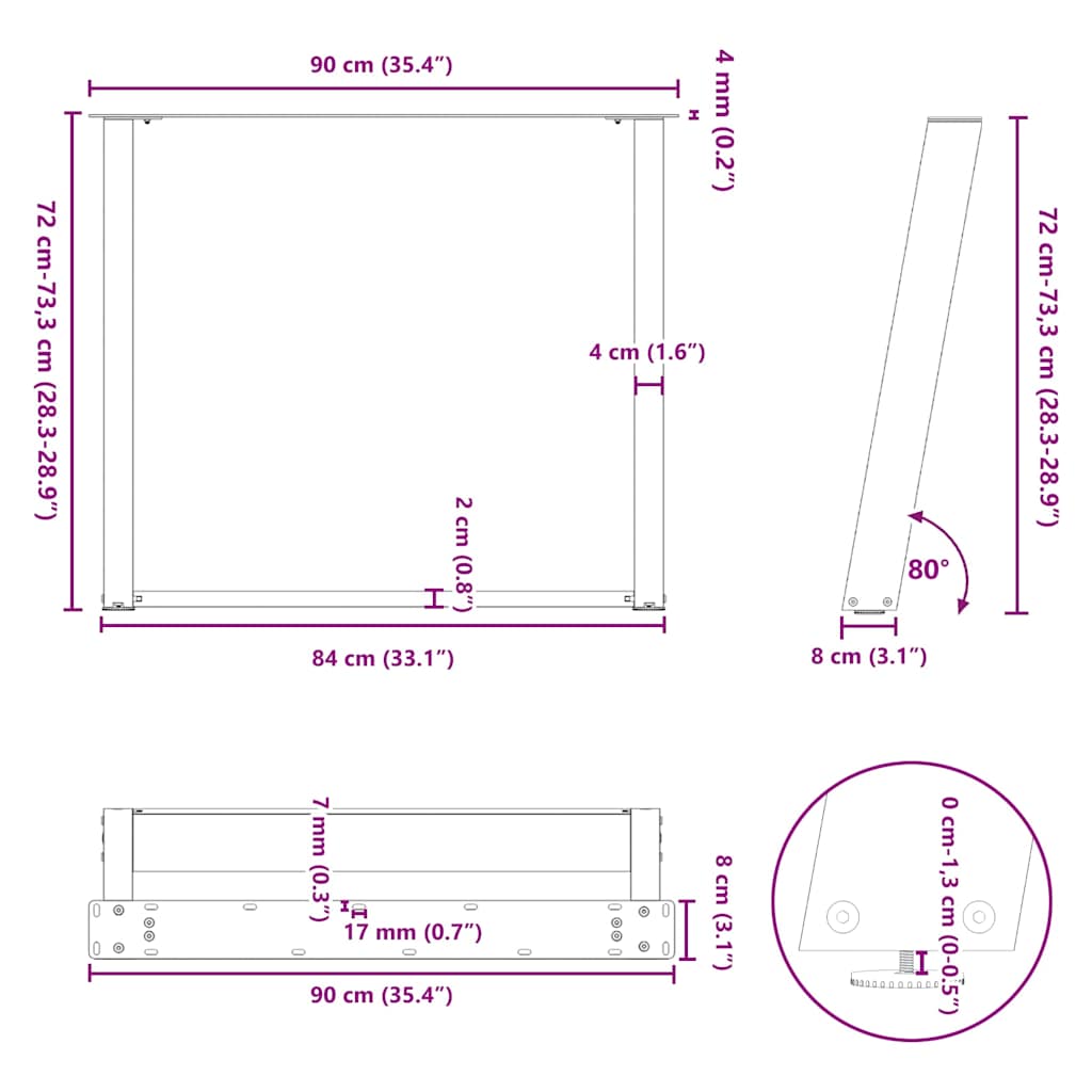 Noge za blagovaonski stol U-oblik 2 kom Bijele 90 x (72-73) cm Čelik