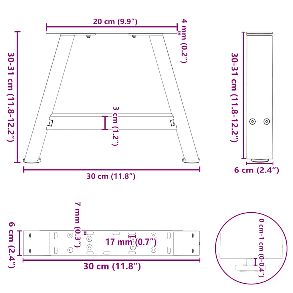 Noge za klub stolić A-oblika 2 kom Bijele 30 x (30-31) cm Čelik