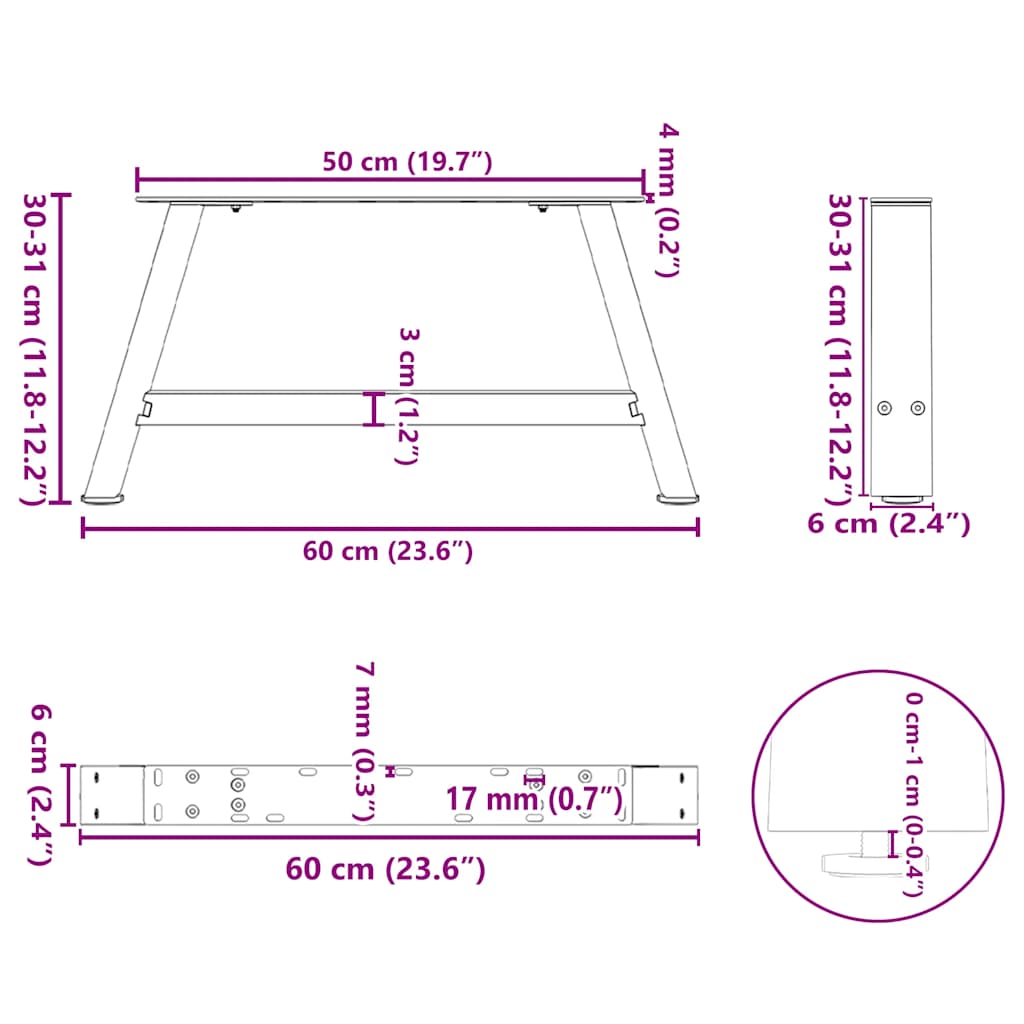 Noge za klub stolić A-oblika 2 kom Bijele 60 x (30-31) cm Čelik