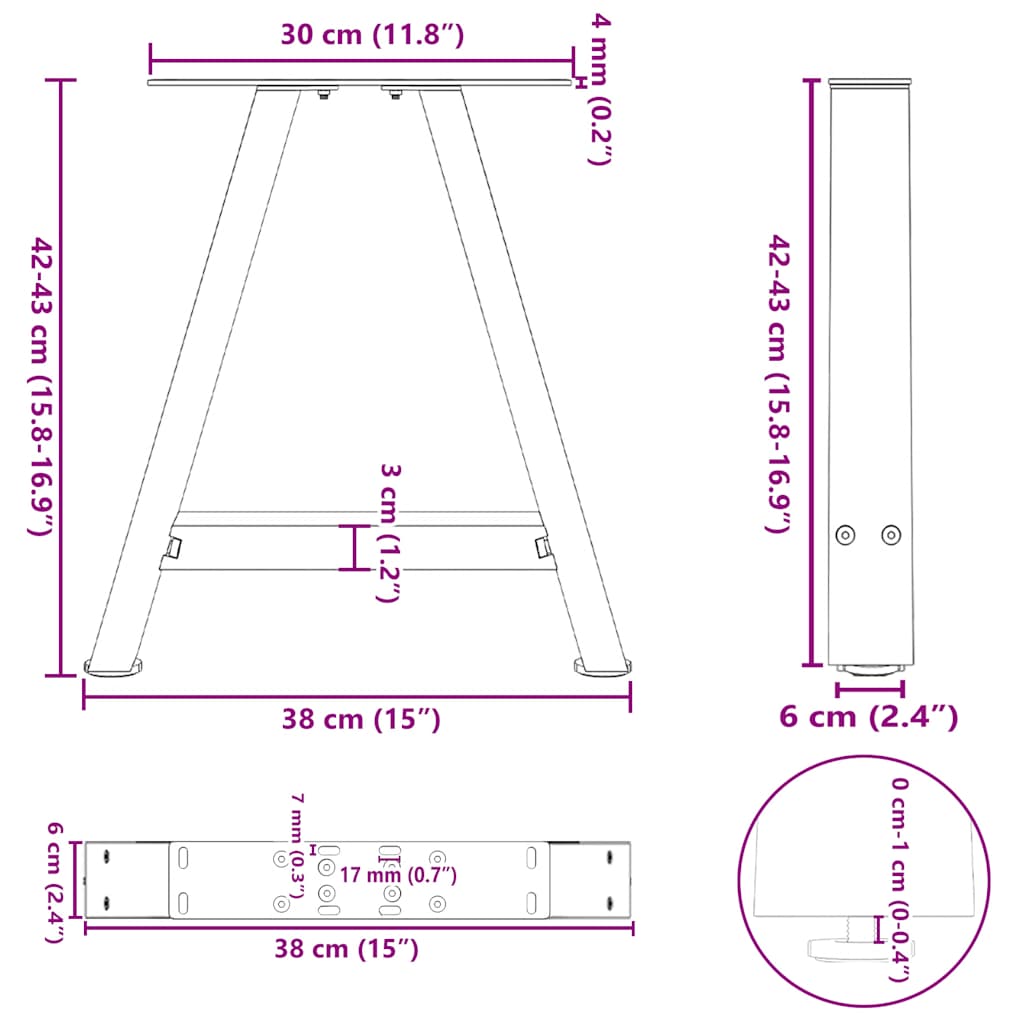 Noge za klub stolić A-oblika 2 kom 38 x (42-43) cm čelik