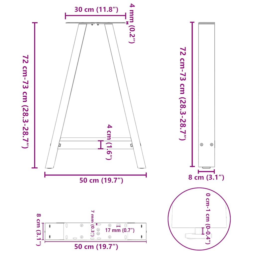 Noge za blagovaonski stol A-oblika 2 kom 50 x (72-73) cm Čelik