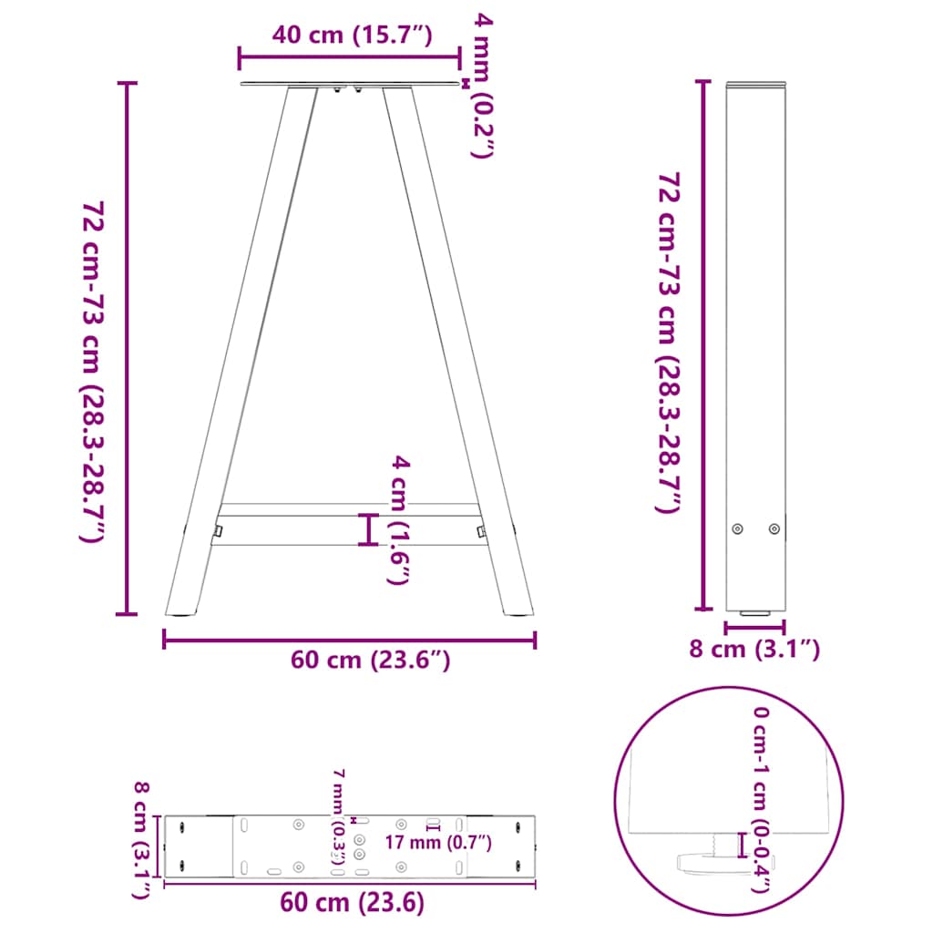 Noge za blagovaonski stol A-oblika 2 kom Crne 60 x (72-73) cm Čelik
