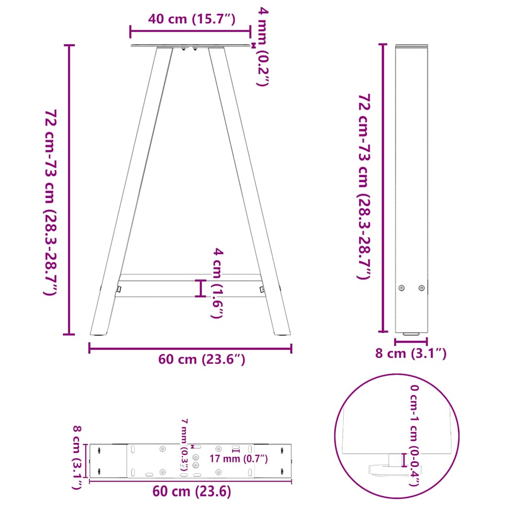 Noge za blagovaonski stol A-oblika 2 kom 60 x (72-73) cm Čelik