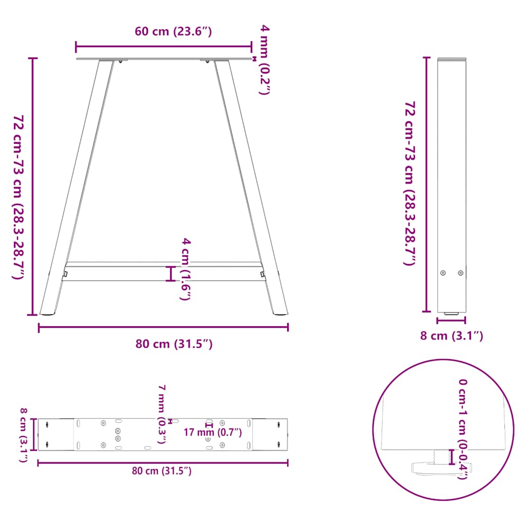Noge za blagovaonski stol A-oblika 2 kom 80 x (72-73) cm Čelik