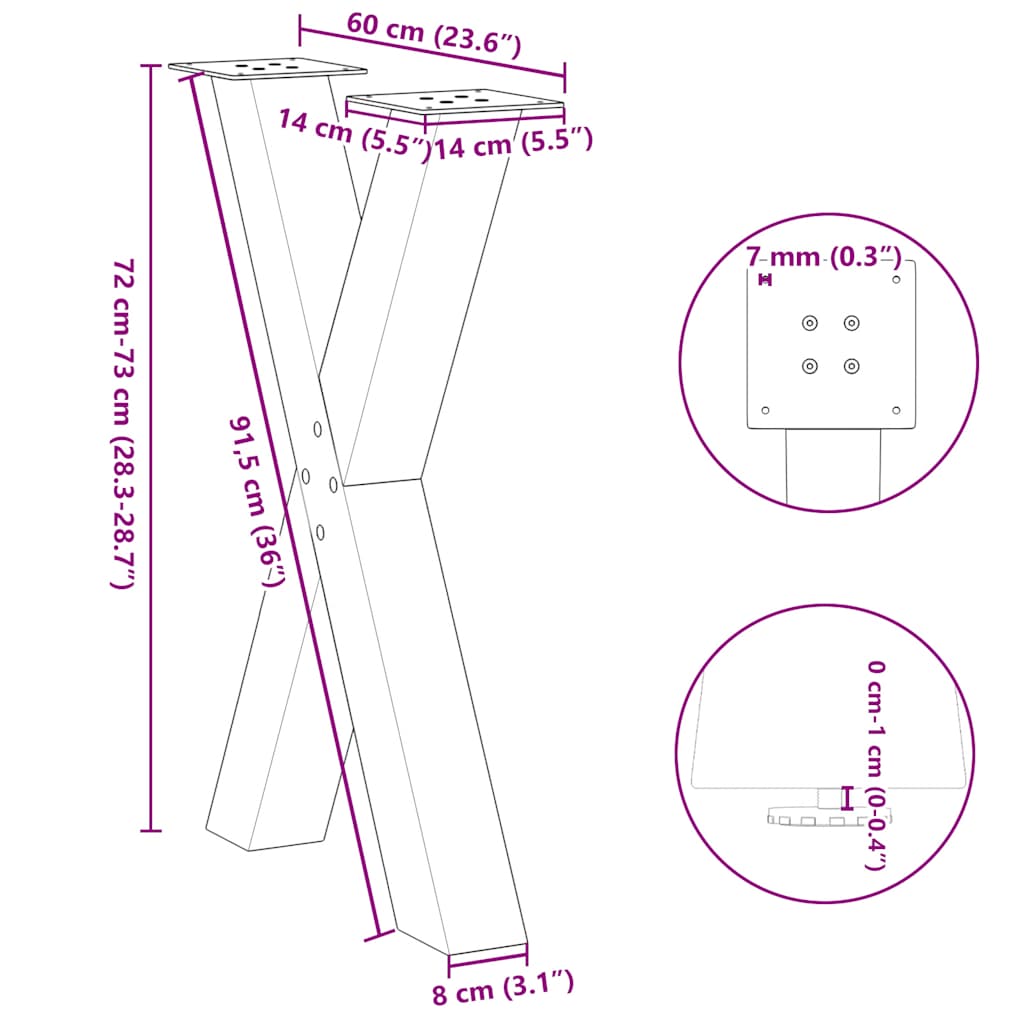 Noge za blagovaonski stol u obliku slova X, 2 kom, bijele, 60 x (72-73) cm, čelik