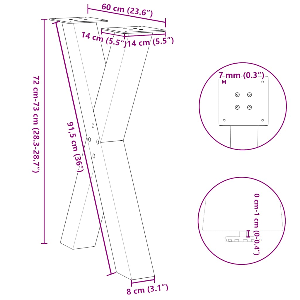 Noge za blagovaonski stol u obliku slova X, 2 kom, antracit, 60 x (72-73) cm, čelik