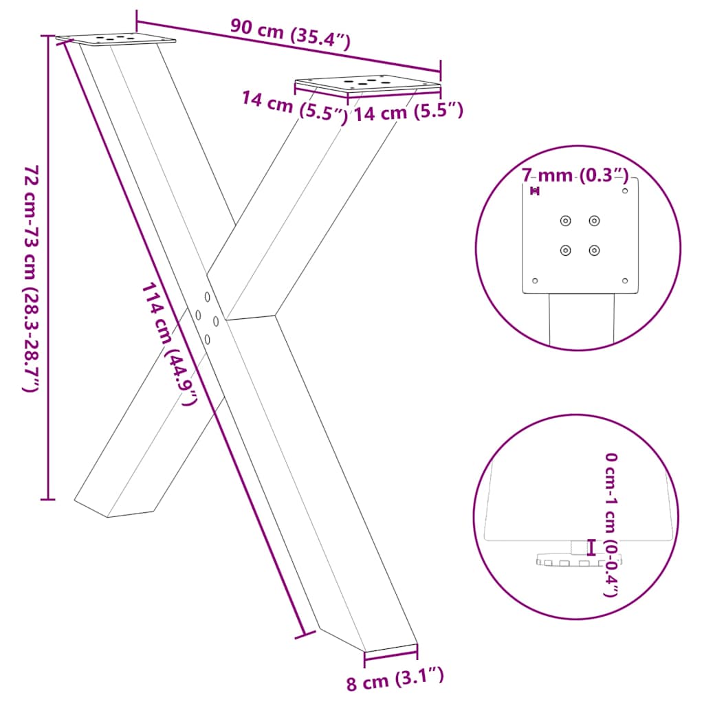 Noge za blagovaonski stol X-oblikovane 3 kom Bijele 90 x (72-73) cm Čelične