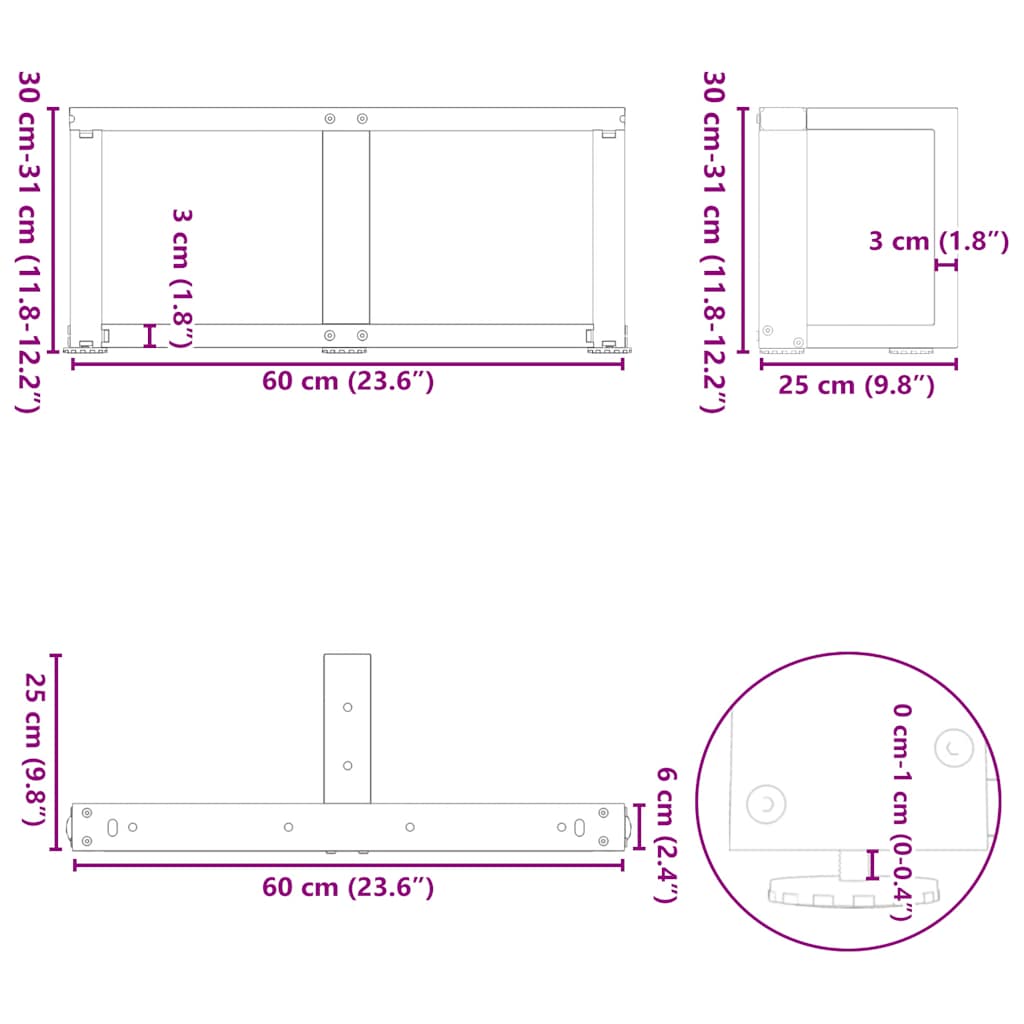 Noge za klub stolić T-oblika 2 kom Crne 60x25x(30-31) cm Čelik